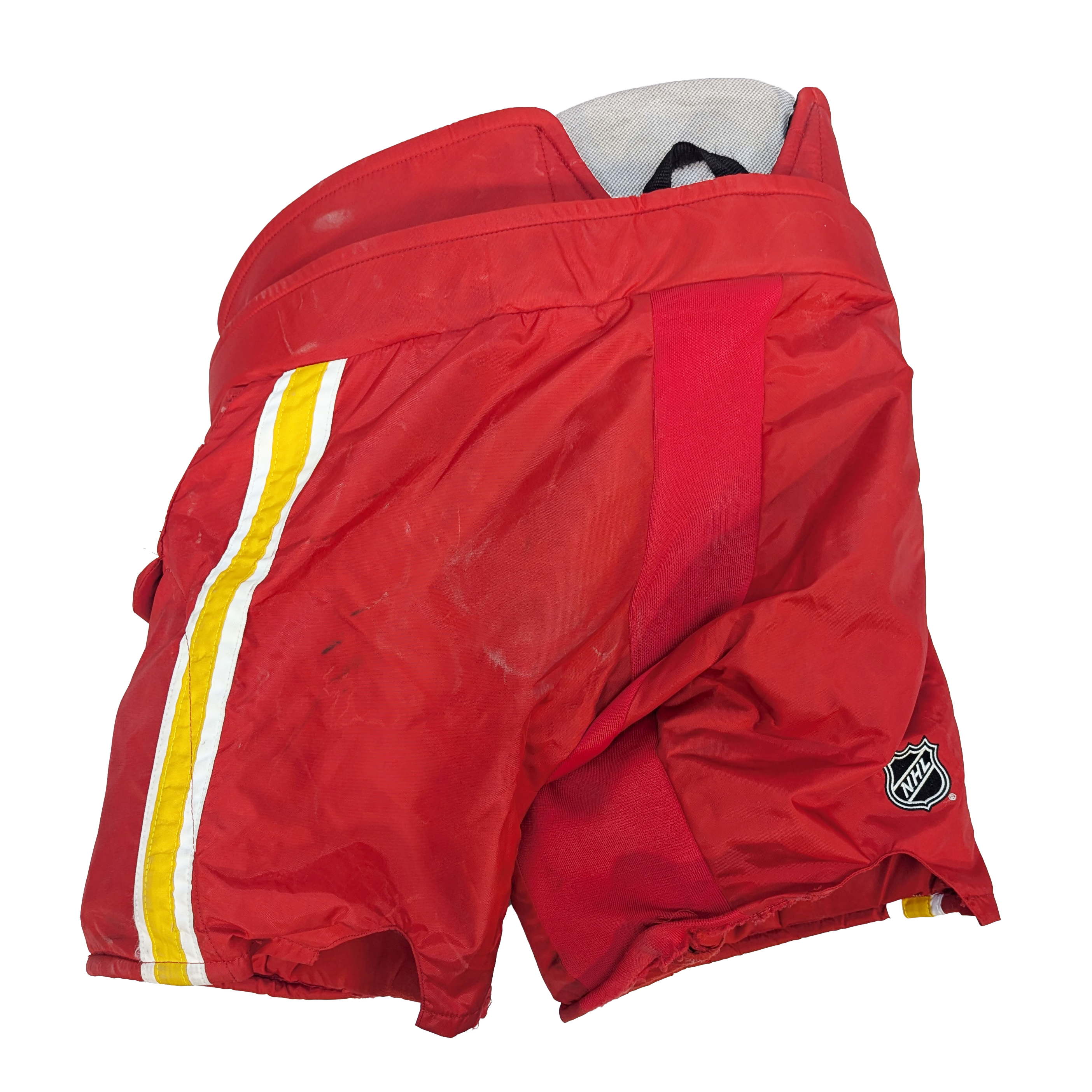 CCM HPG14A - Pantalon de gardien de but de hockey d'occasion de la LNH - Flames de Calgary (rouge/jaune)